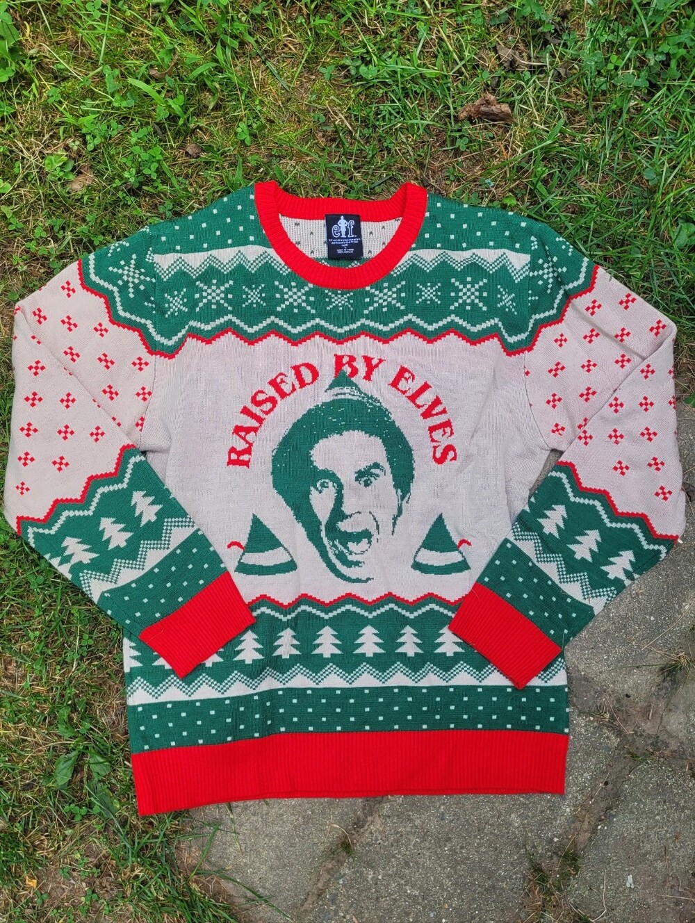 Elf "Raised By Elfs" Ugly Christmas Sweater Large Biddy The Elf Holiday Party